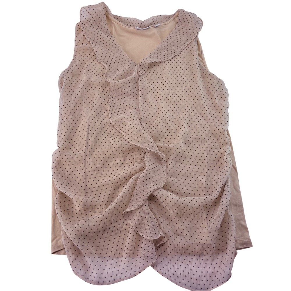 New York & Company Polka Dot Ruffle Sleeveless Blouse Tan Beige XL Stretch Shell